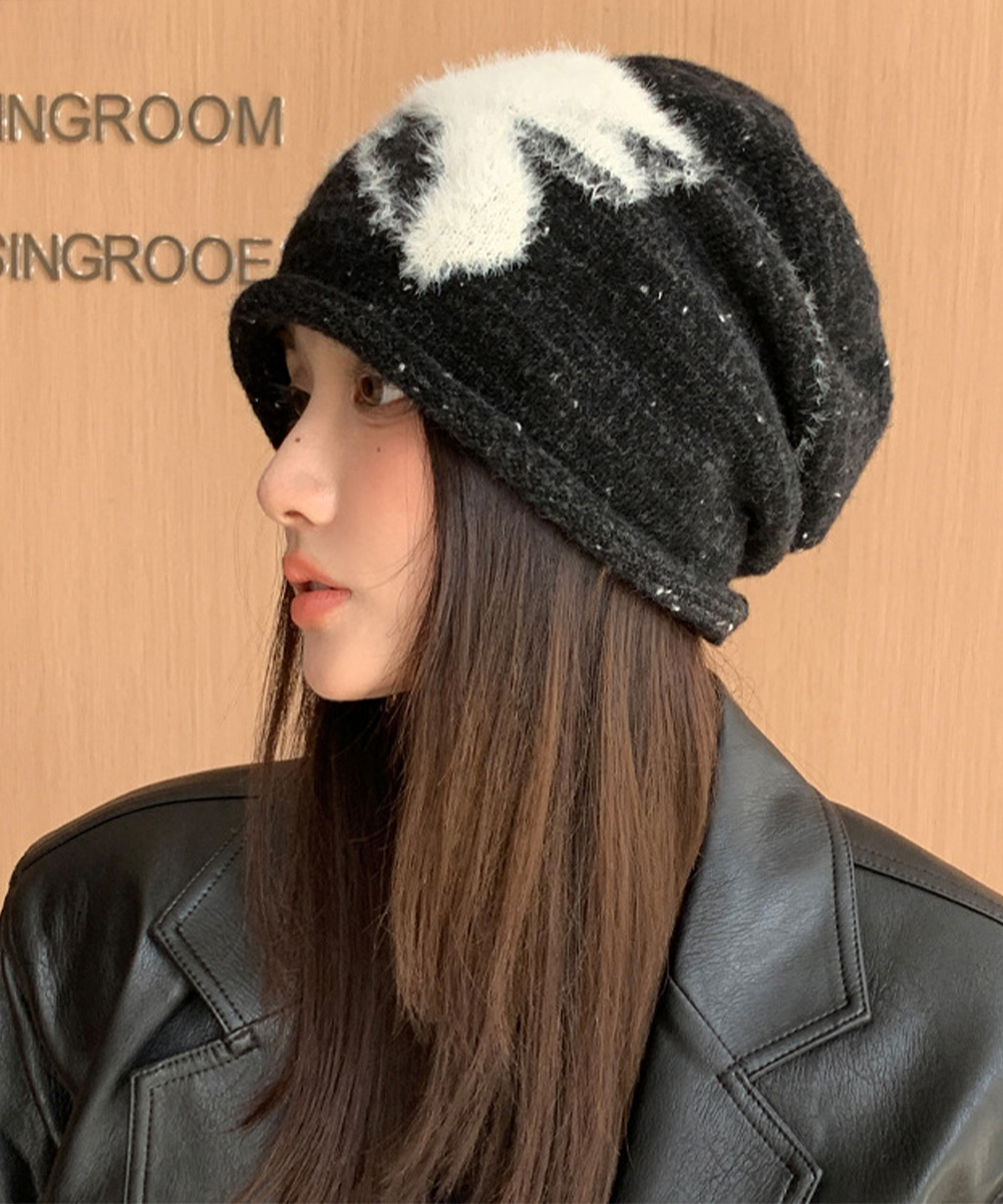 ストリートファッション ふわふわニット帽 リボン柄ビーニー 秋冬