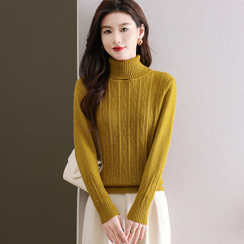 ストリートファッション 縦ケーブル編みタートルネックニットセーター