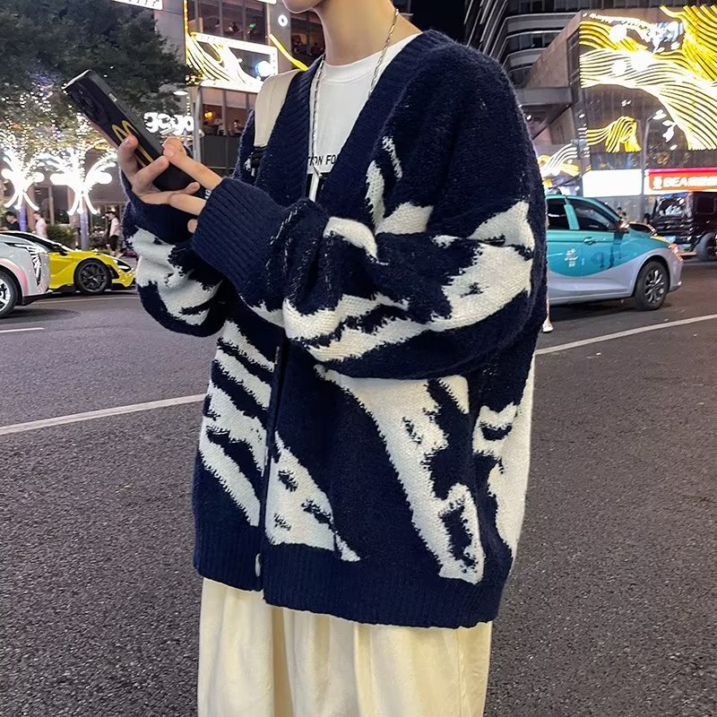 ストリートファッション 幾何学模様ゆったりニットカーディガン