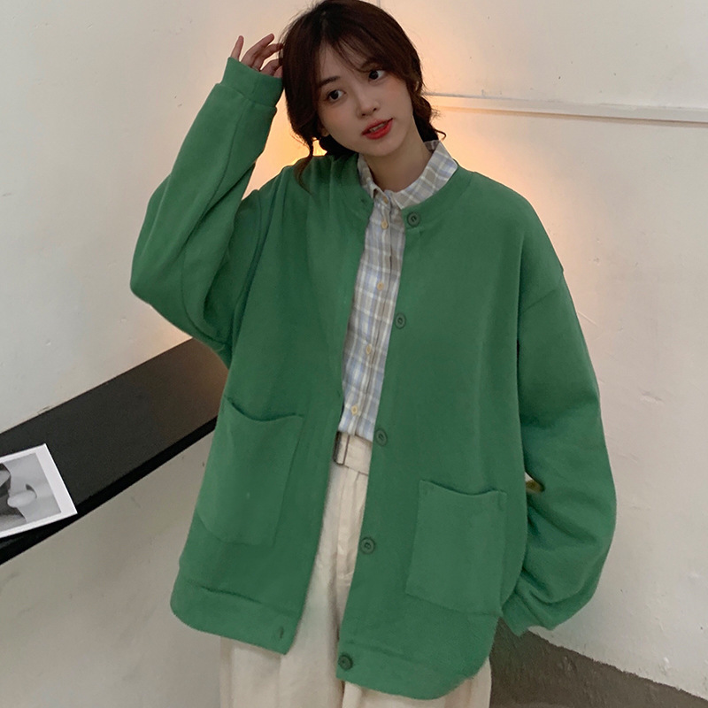 ストリートファッション ゆったりオーバーサイズ丸首ボタンカーディガン