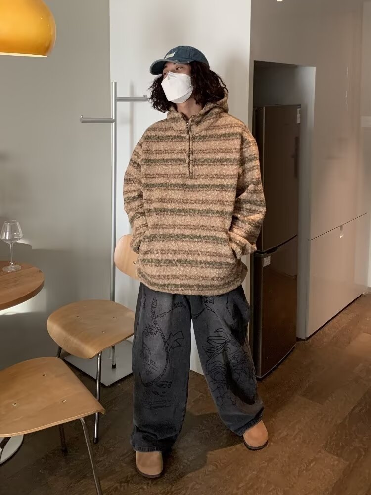ストリートファッション ノルディック柄ハーフジップニット