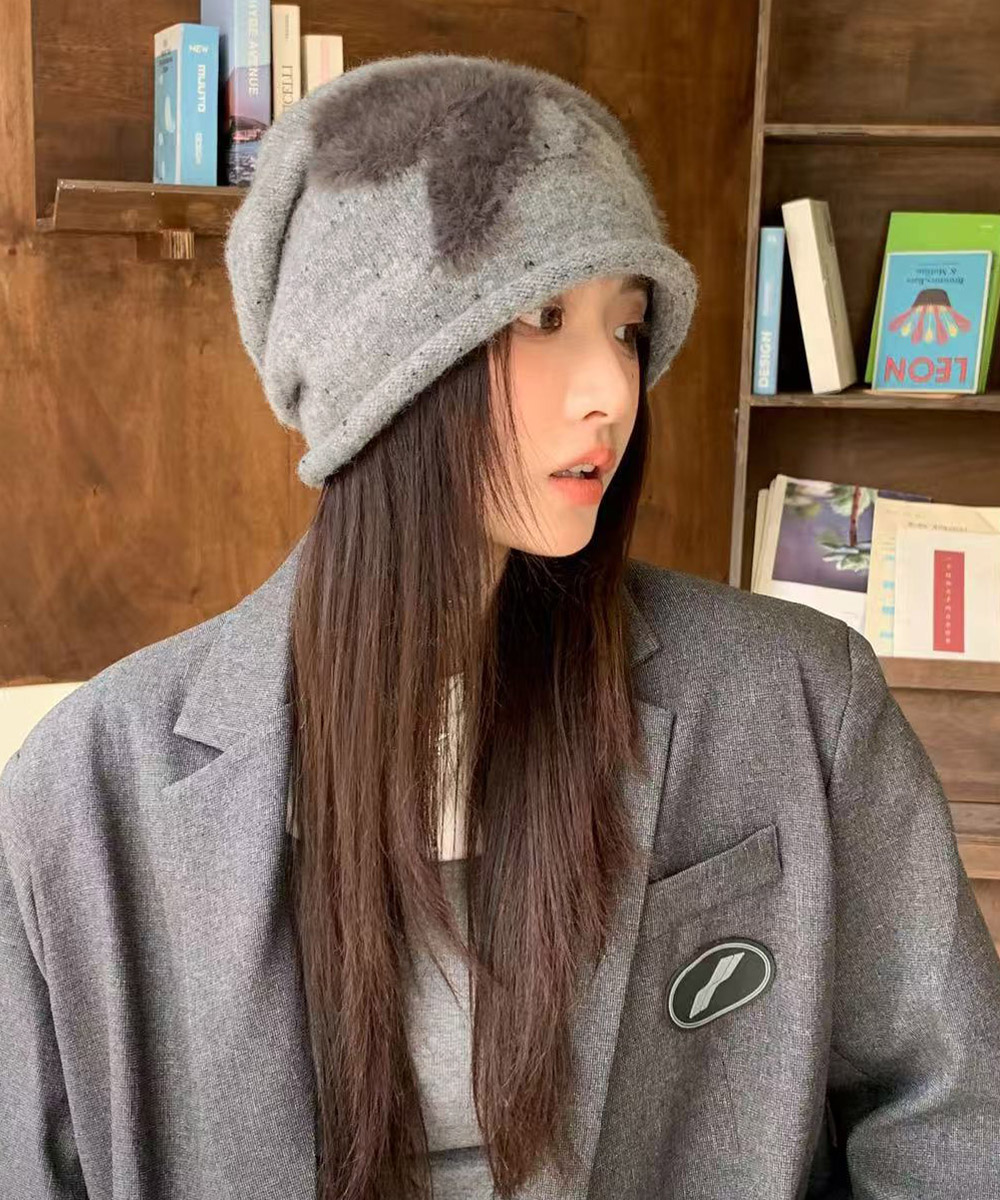 ストリートファッション ふわふわニット帽 リボン柄ビーニー 秋冬