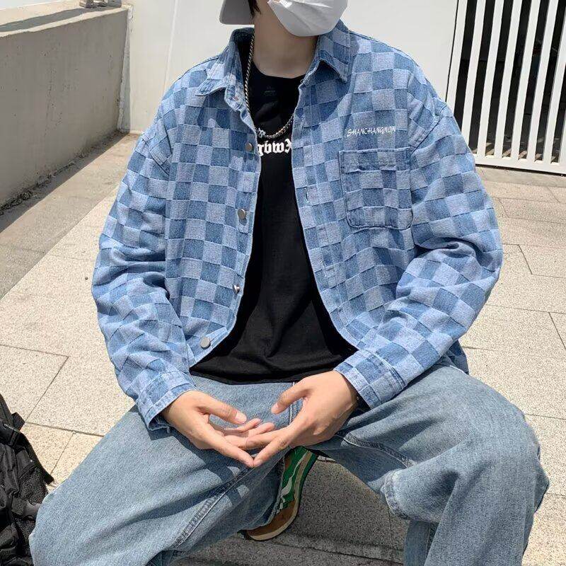 ストリートファッション 市松模様オーバーサイズシャツ