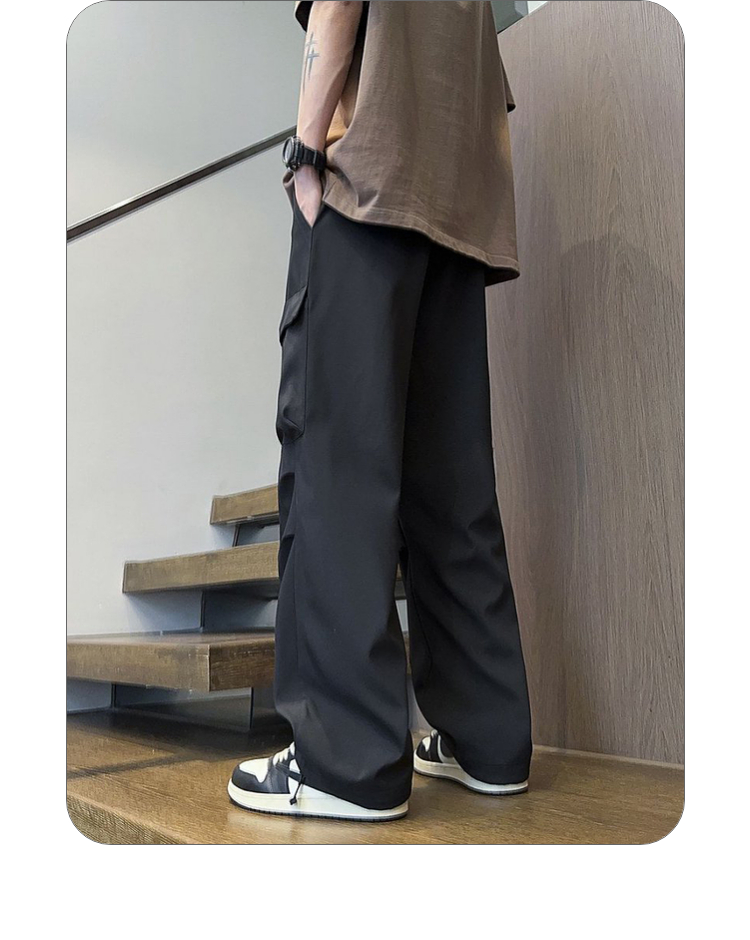 ストリートファッション ワイドシルエット実用ポケットパンツ