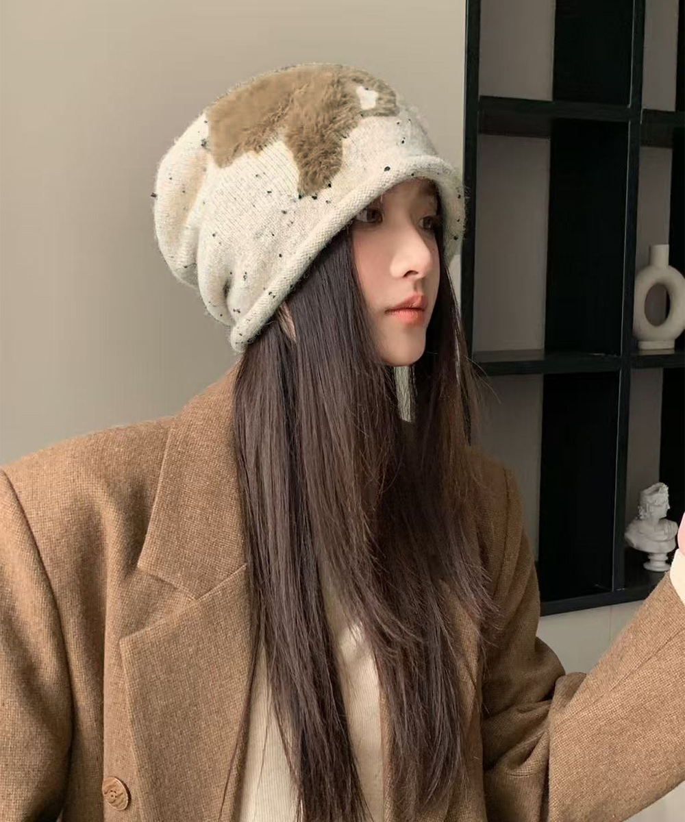 ストリートファッション ふわふわニット帽 リボン柄ビーニー 秋冬