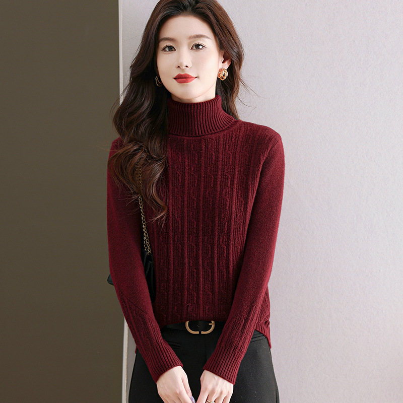 ストリートファッション 縦ケーブル編みタートルネックニットセーター