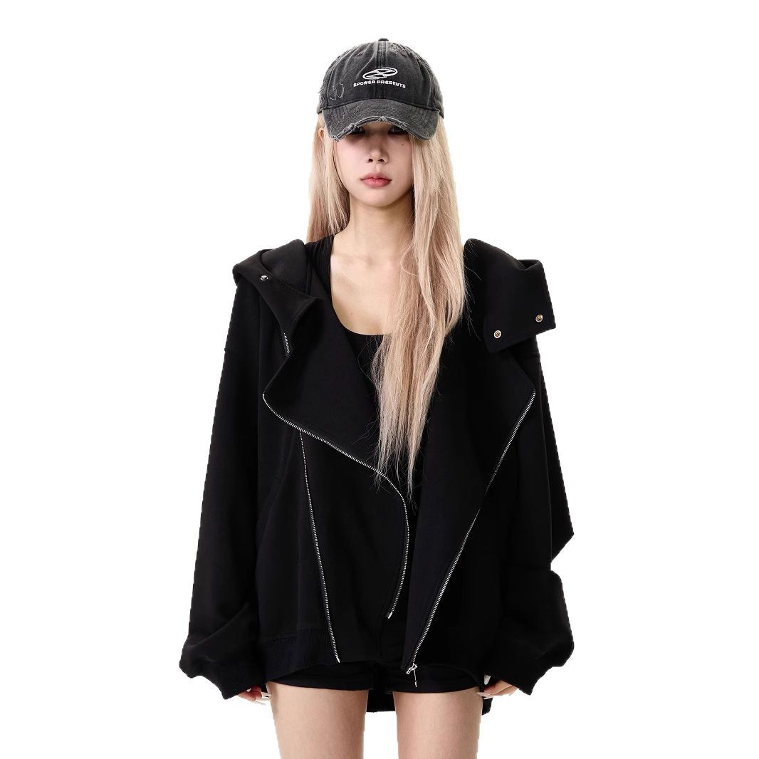 ストリートファッション 斜めジップ変形フードデザイン パーカー