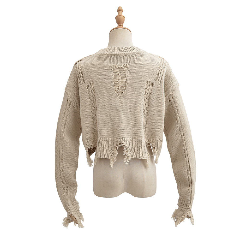 ストリートファッション 裾フリンジダメージ加工クルーネックニット