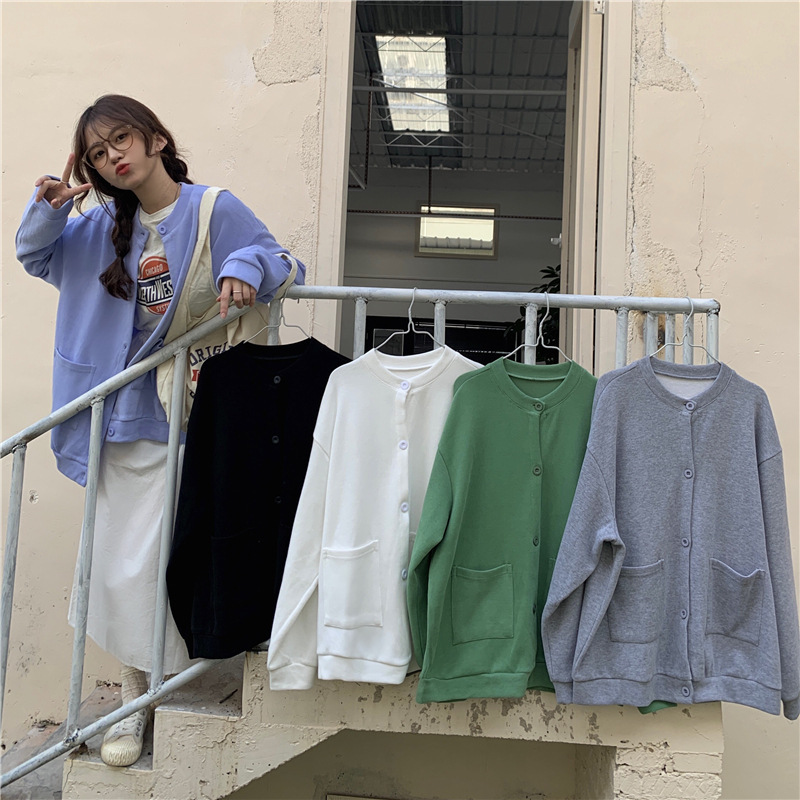 ストリートファッション ゆったりオーバーサイズ丸首ボタンカーディガン