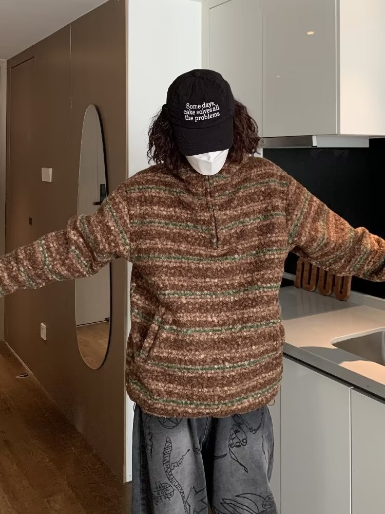 ストリートファッション ノルディック柄ハーフジップニット