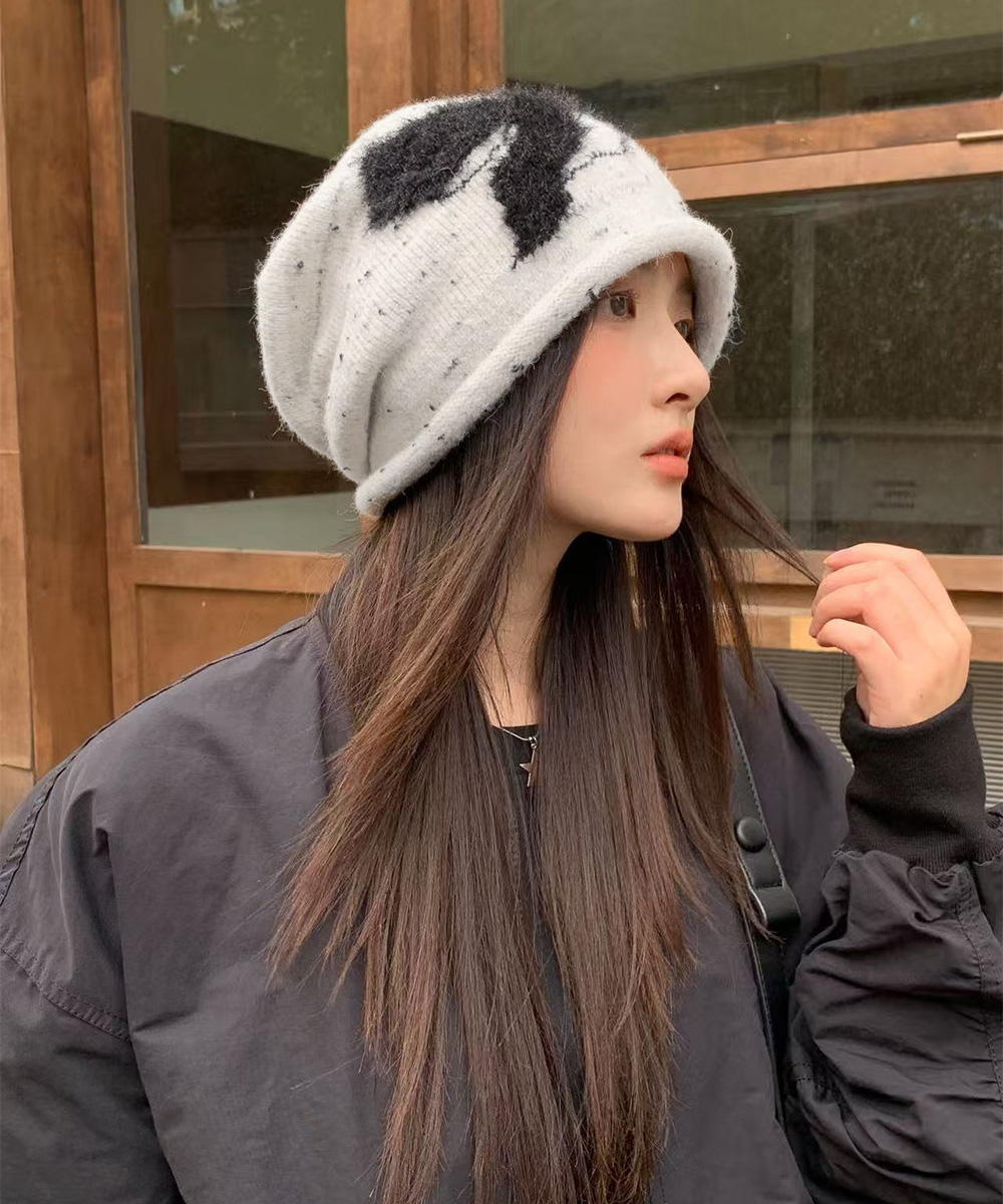 ストリートファッション ふわふわニット帽 リボン柄ビーニー 秋冬