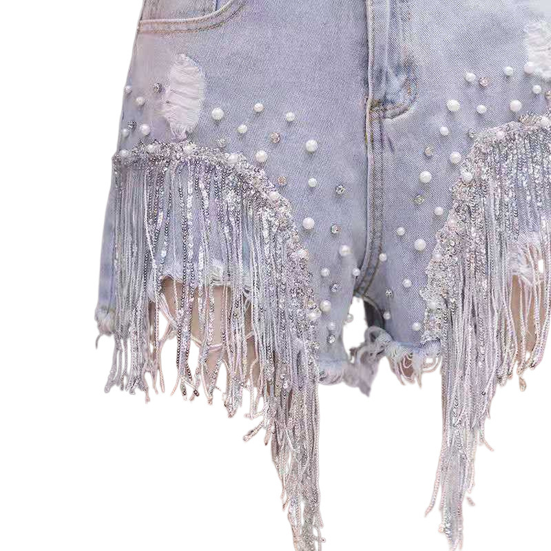 ストリートファッションデニム パール装飾フリンジ付きダメージ加工ショートパンツ