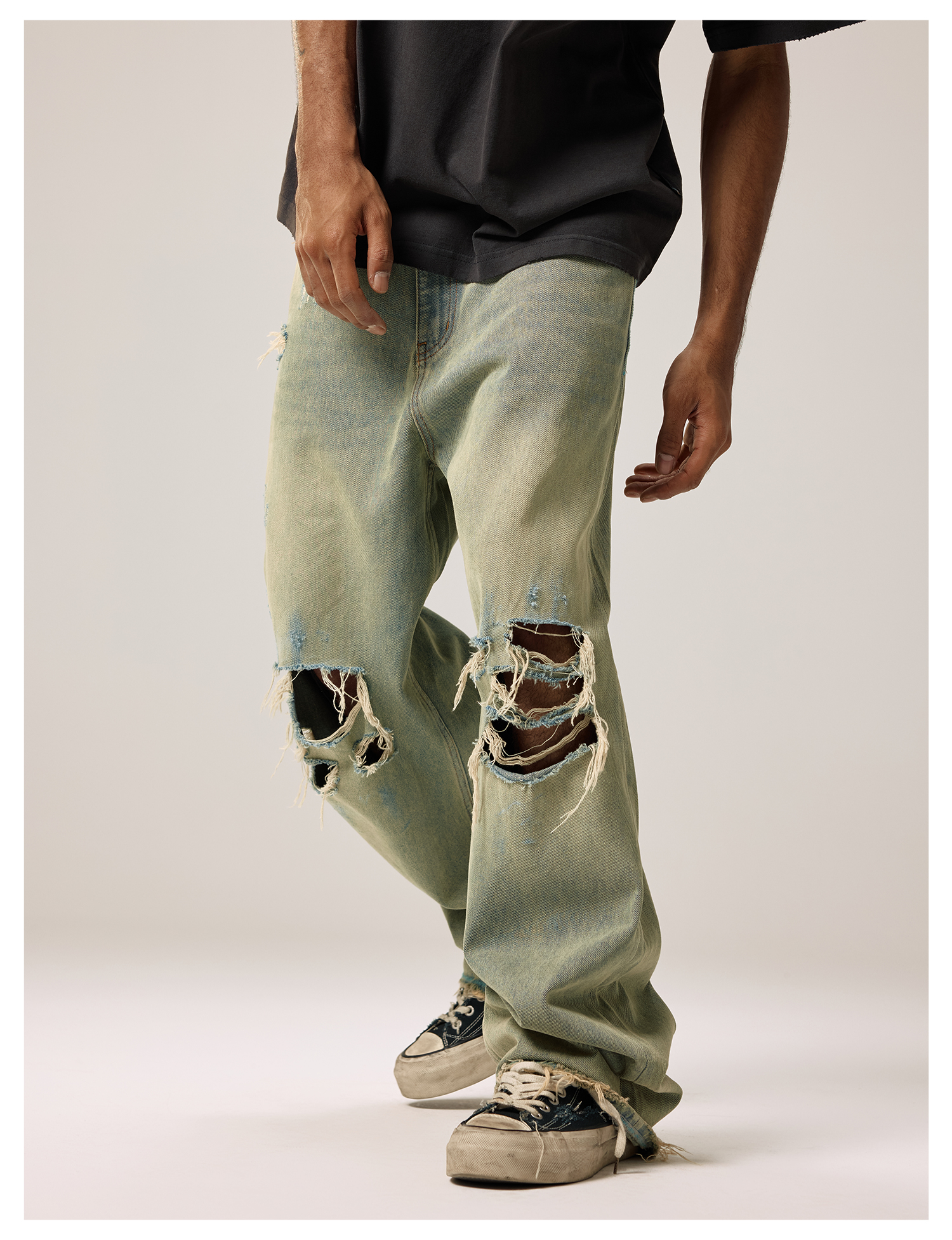 ストリートファッション ダメージ加工ワイドデニム