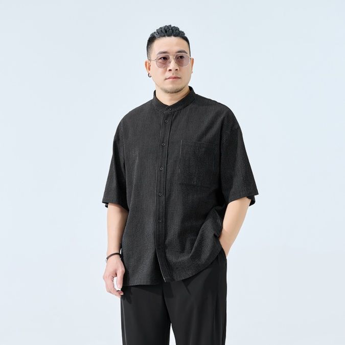 ストライプシャツ 立ち襟ストライプ半袖シャツ