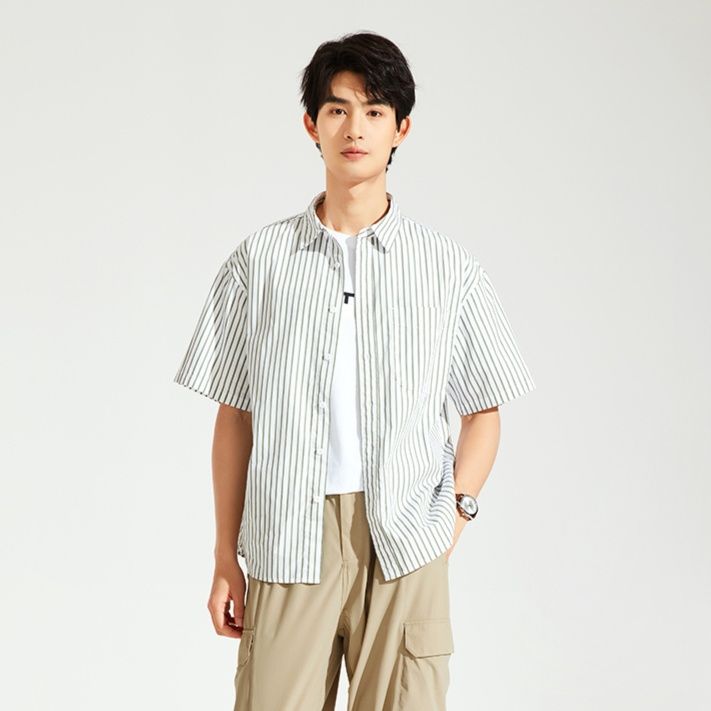 ストライプシャツ 涼感半袖ゆったりストライプシャツ