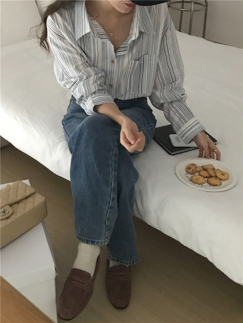 韓国風カジュアルストライプシャツ長袖デザインブラウス