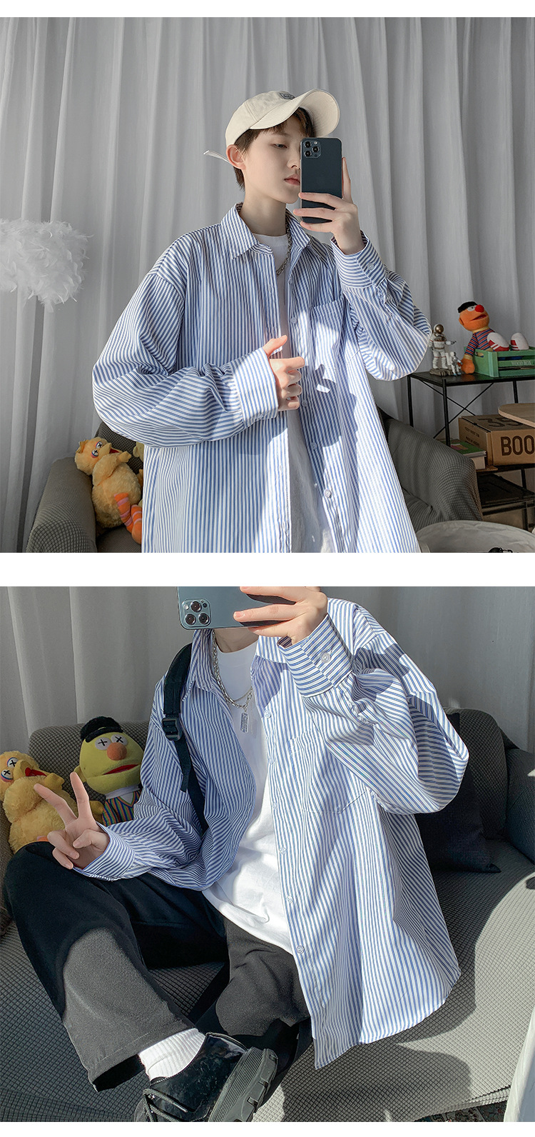 ストライプシャツ ゆったりシルエット縦縞メンズシャツ