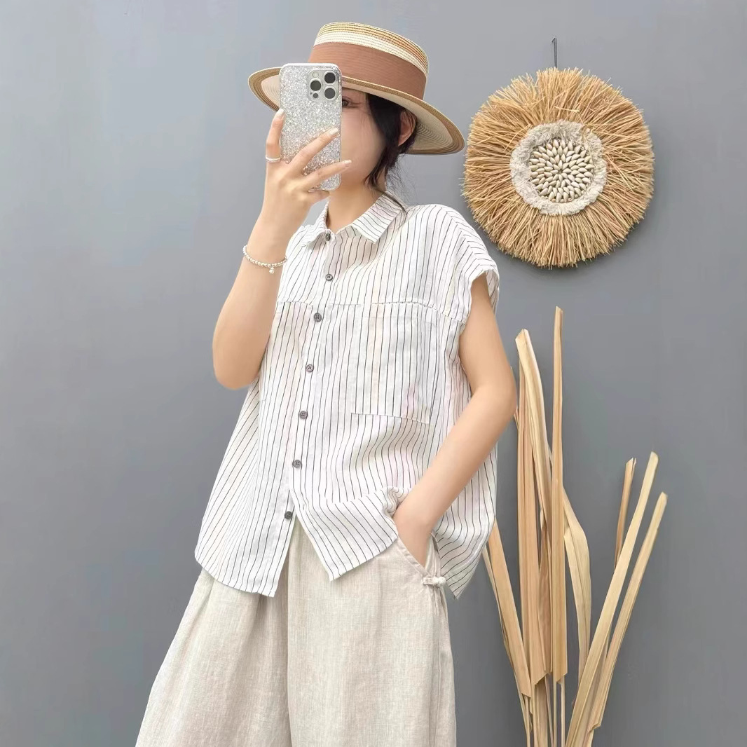 ストライプシャツ ノースリーブ細縞ゆったりシャツ