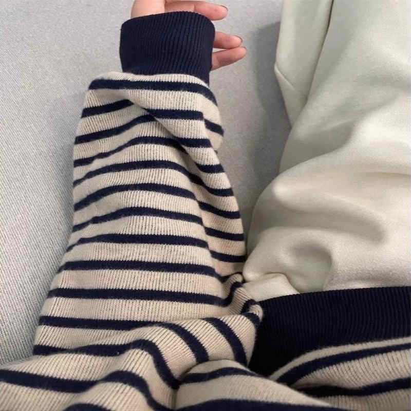ストライプシャツ 今季必見長袖厚手ストライプ柄丸首防寒トップス
