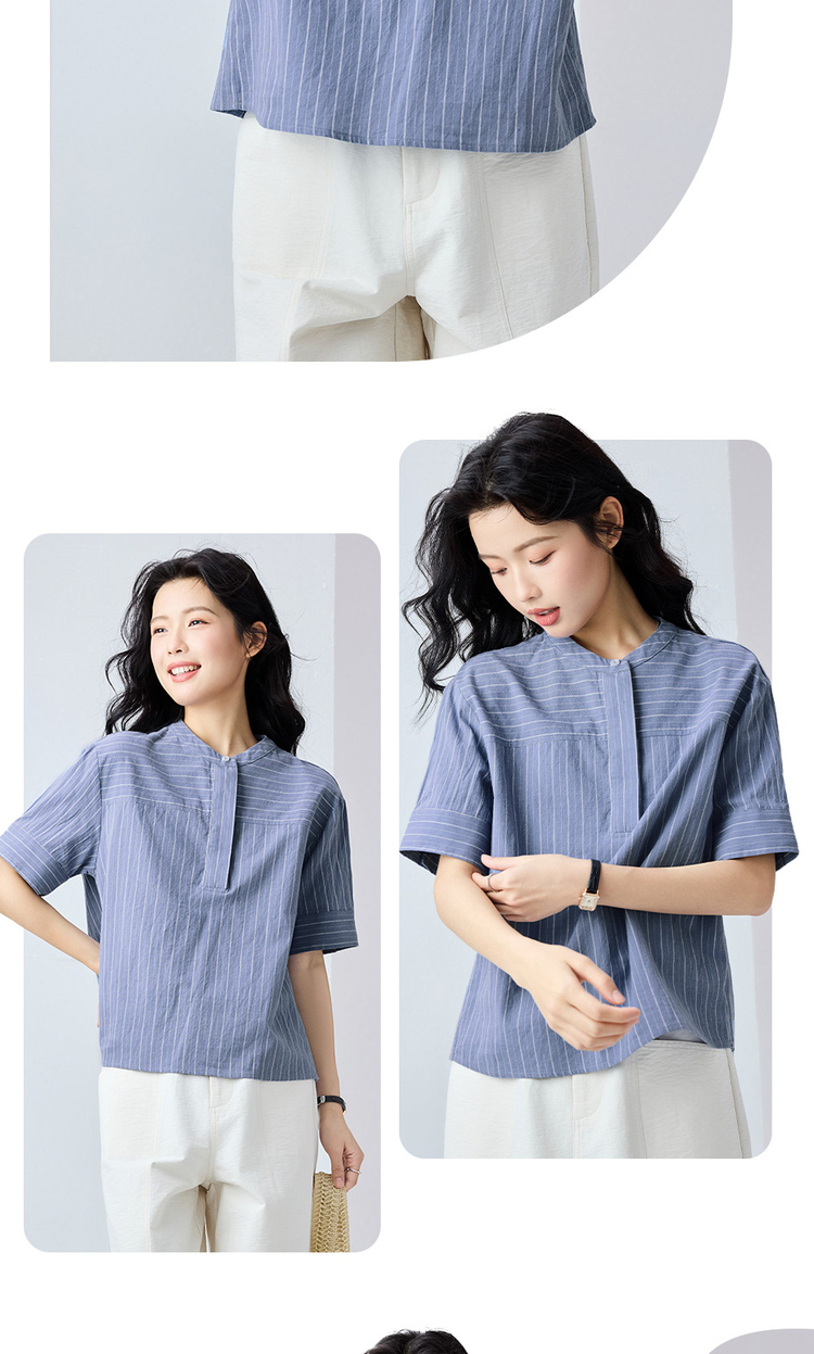 ストライプシャツ 立体感のある半袖スキッパーブラウス