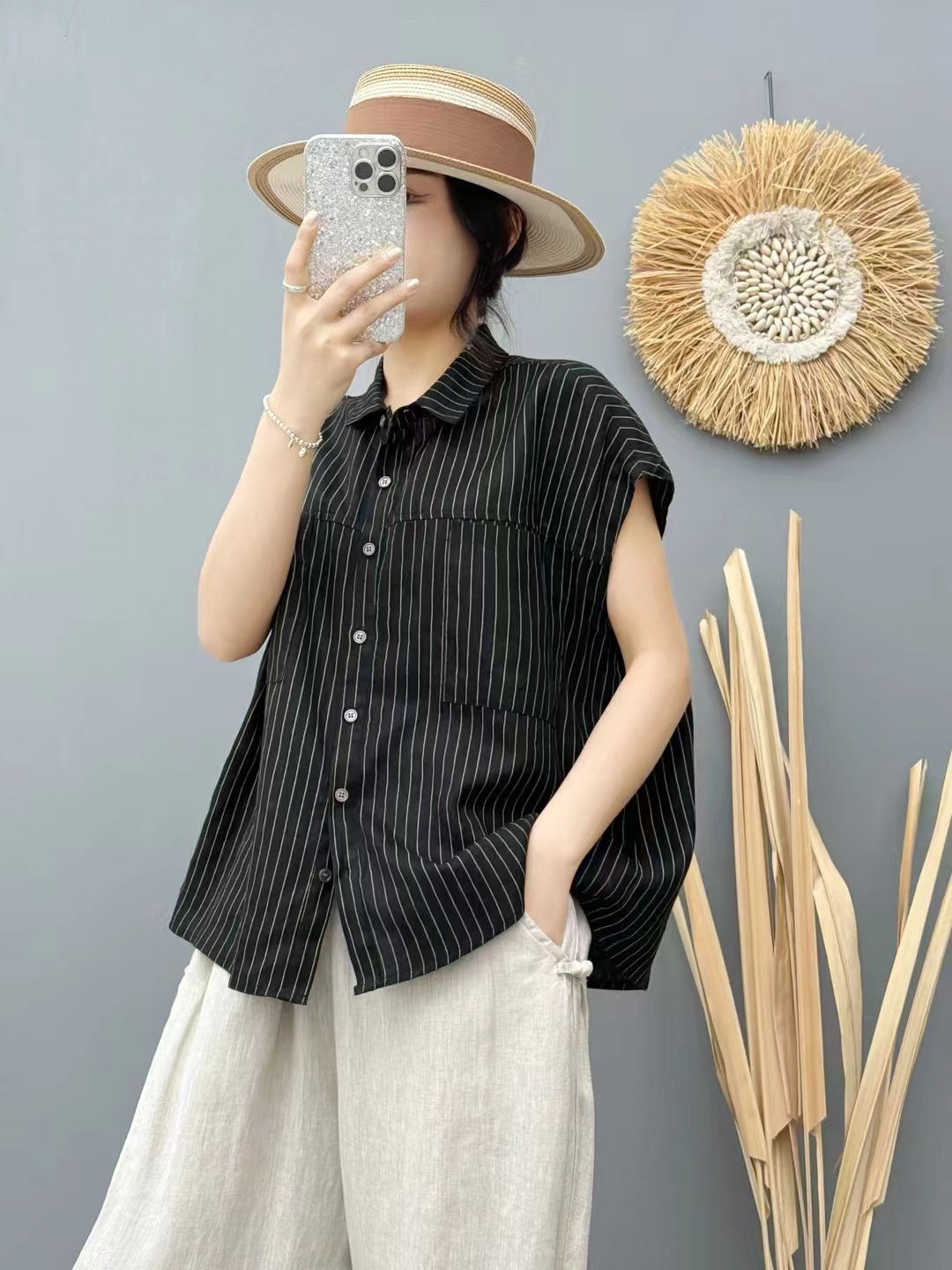 ストライプシャツ ノースリーブ細縞ゆったりシャツ