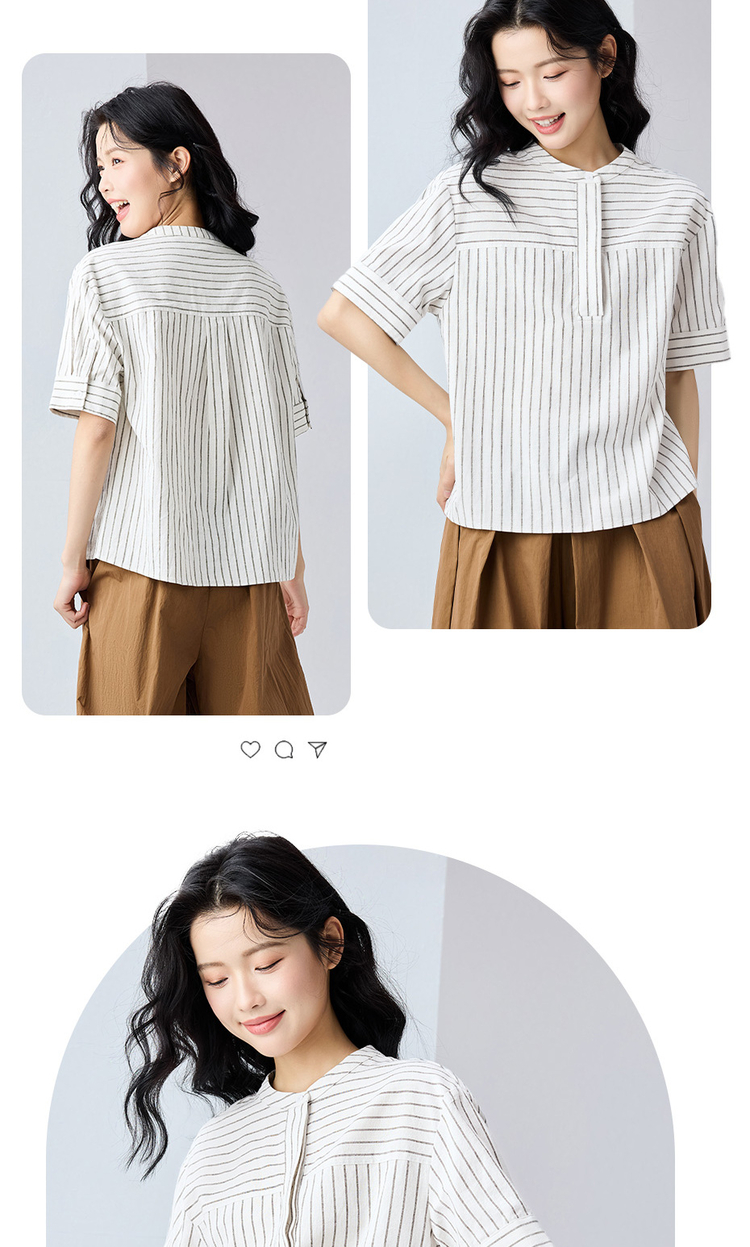 ストライプシャツ 立体感のある半袖スキッパーブラウス