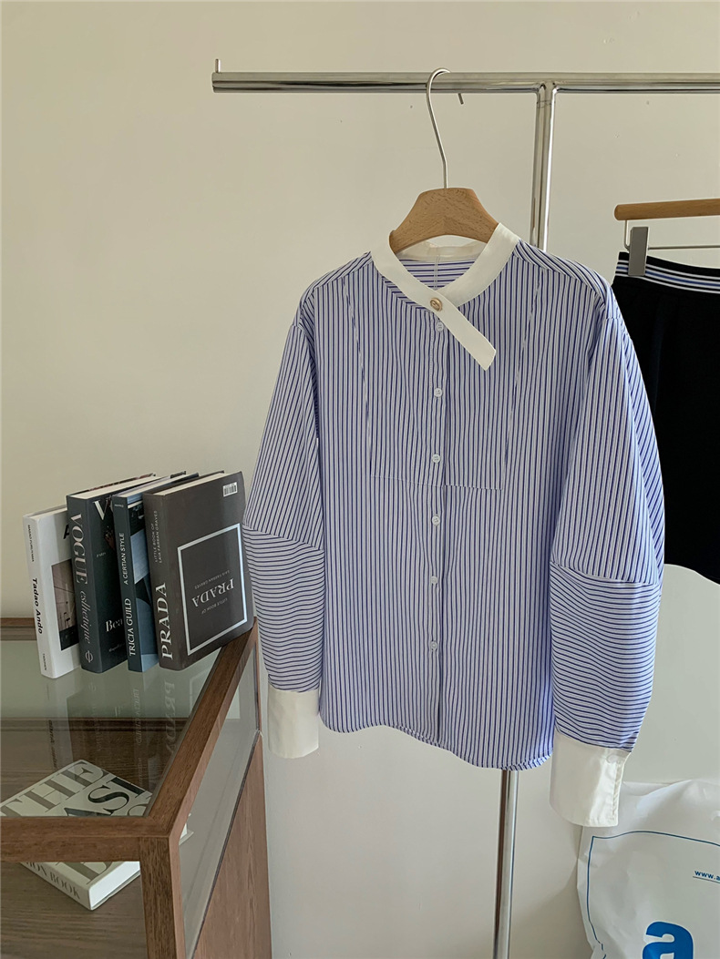バンドカラー ストライプシャツ 長袖 上品 ブラウス