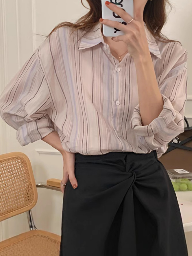 ストライプシャツ 縦縞シアーオーバーレディースシャツ