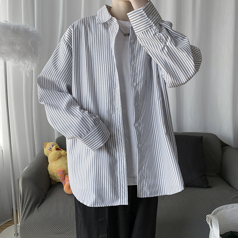 ストライプシャツ ゆったりシルエット縦縞メンズシャツ