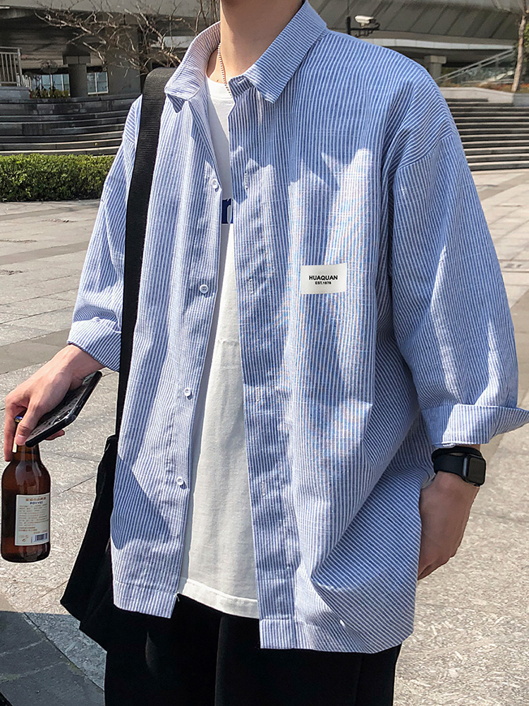 ストライプシャツ ゆったりシルエット七分袖ストライプシャツ