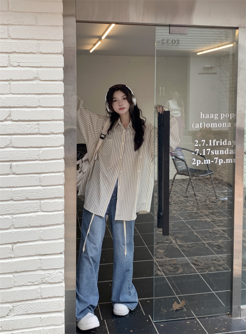 ストライプシャツ 秋新作韓国風ストライプ柄長袖シャツ