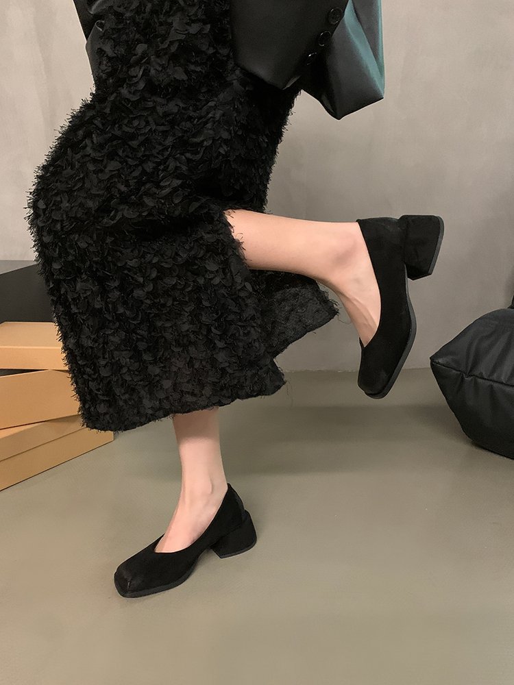 スエード靴 レディース スエード調 太め ヒール パンプス