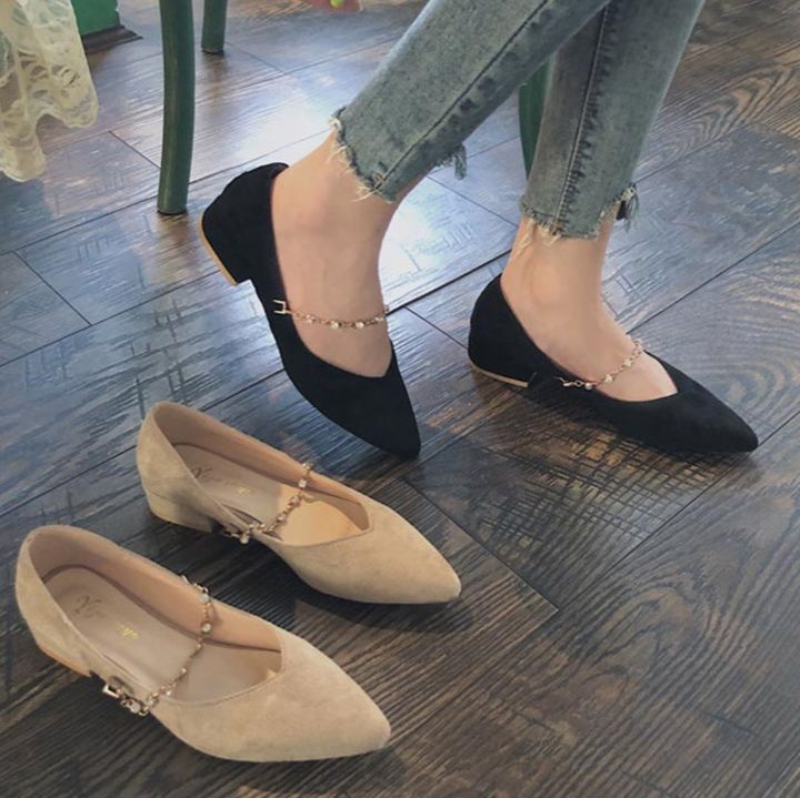 スエード調パンプス金属飾りストラップ付きレディース靴