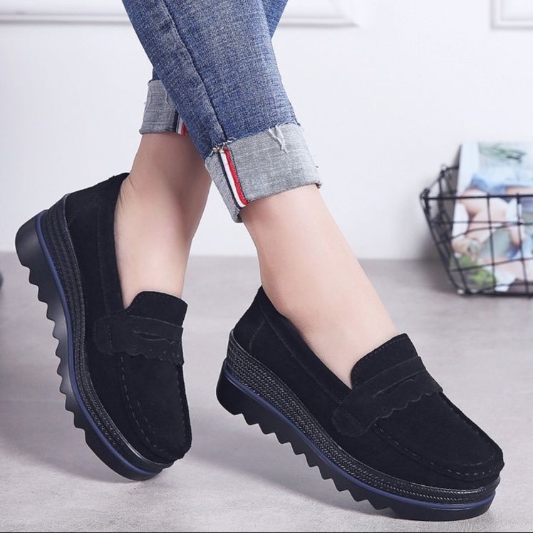 スエード靴 厚底プラットフォーム本革スエード靴スリッポン