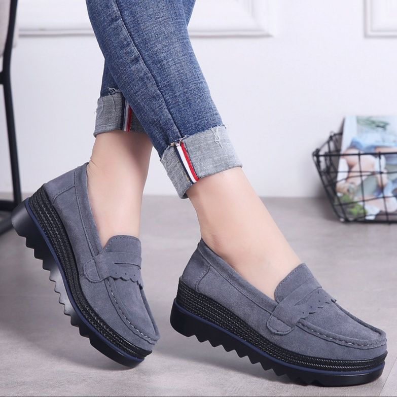 スエード靴 厚底プラットフォーム本革スエード靴スリッポン