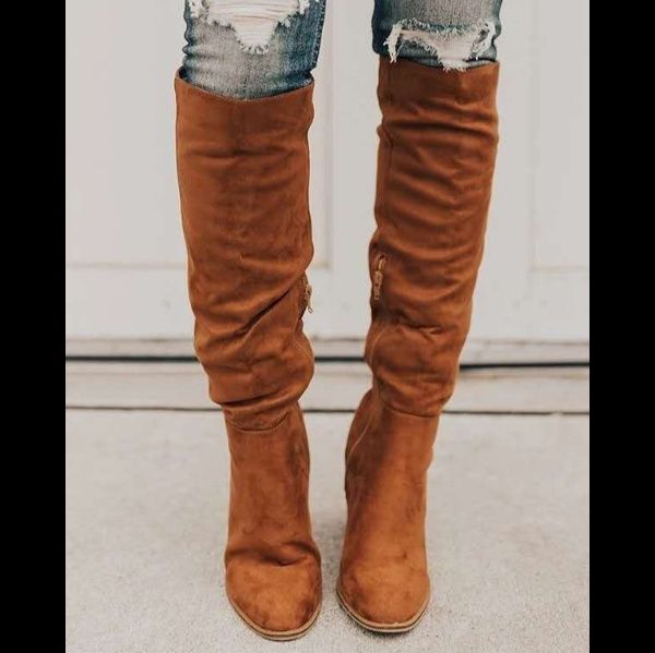 スエード靴 エレガント膝丈スエード革靴ロングブーツ