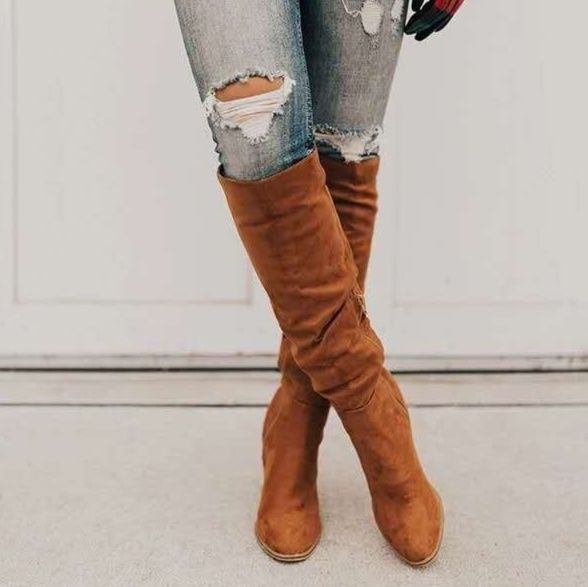 スエード靴 エレガント膝丈スエード革靴ロングブーツ