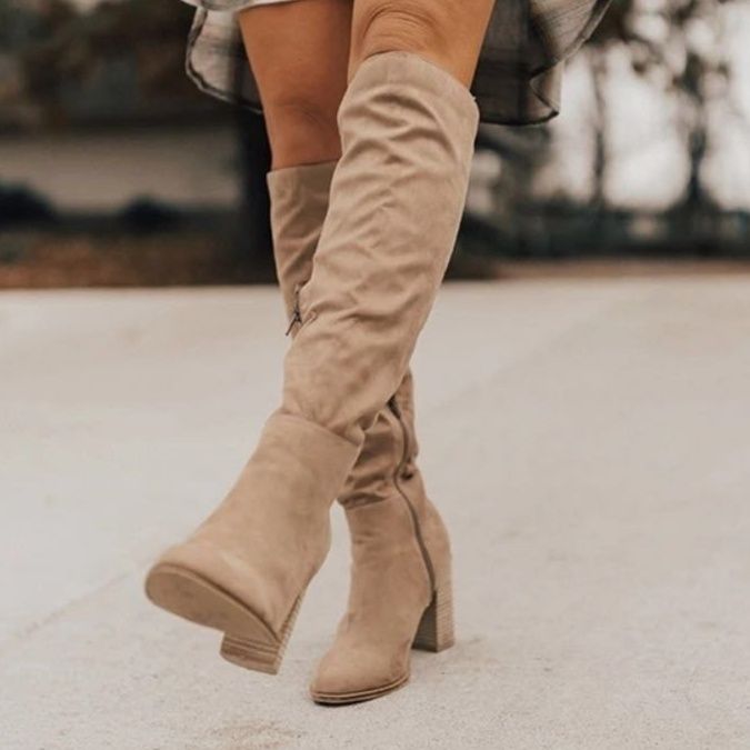 スエード靴 エレガント膝丈スエード革靴ロングブーツ