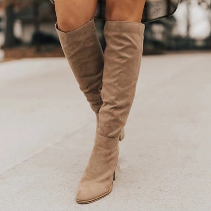 スエード靴 エレガント膝丈スエード革靴ロングブーツ