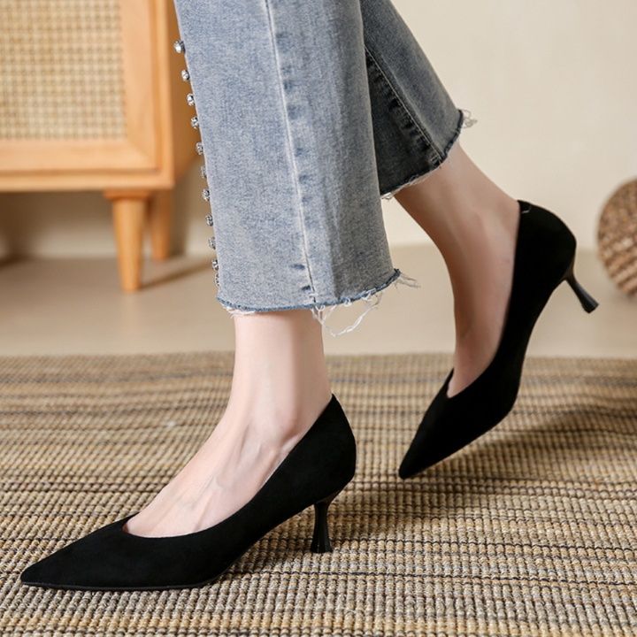 スエード靴 上品な尖頭スエード細身パンプス