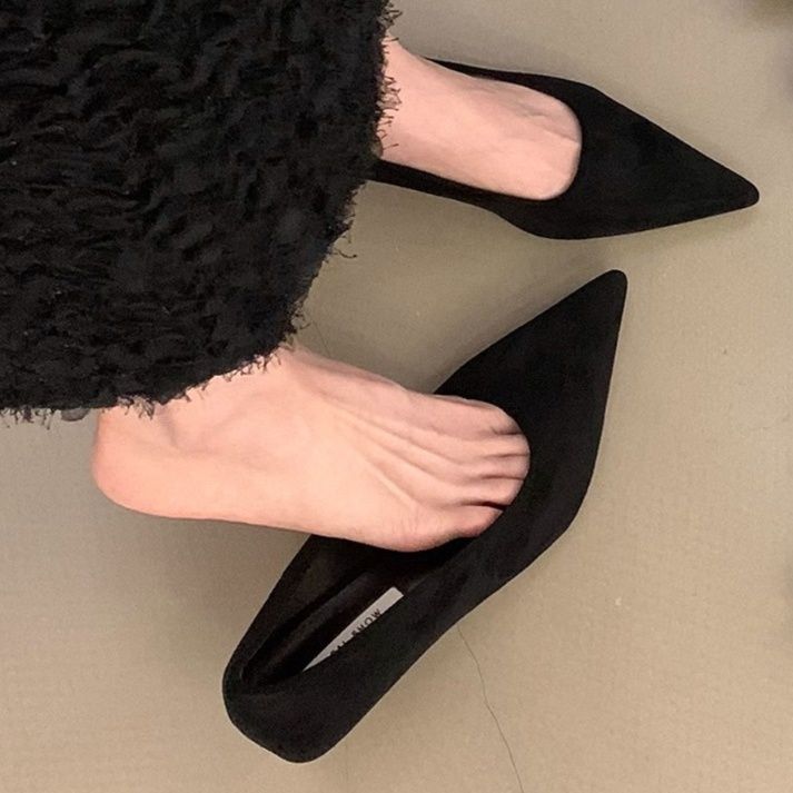 スエード靴 上品な尖頭デザイン低ヒールスエード素材パンプス