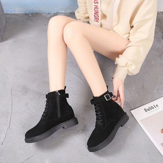 スエード靴 レディース スエード調編み上げショートブーツ 秋冬厚底