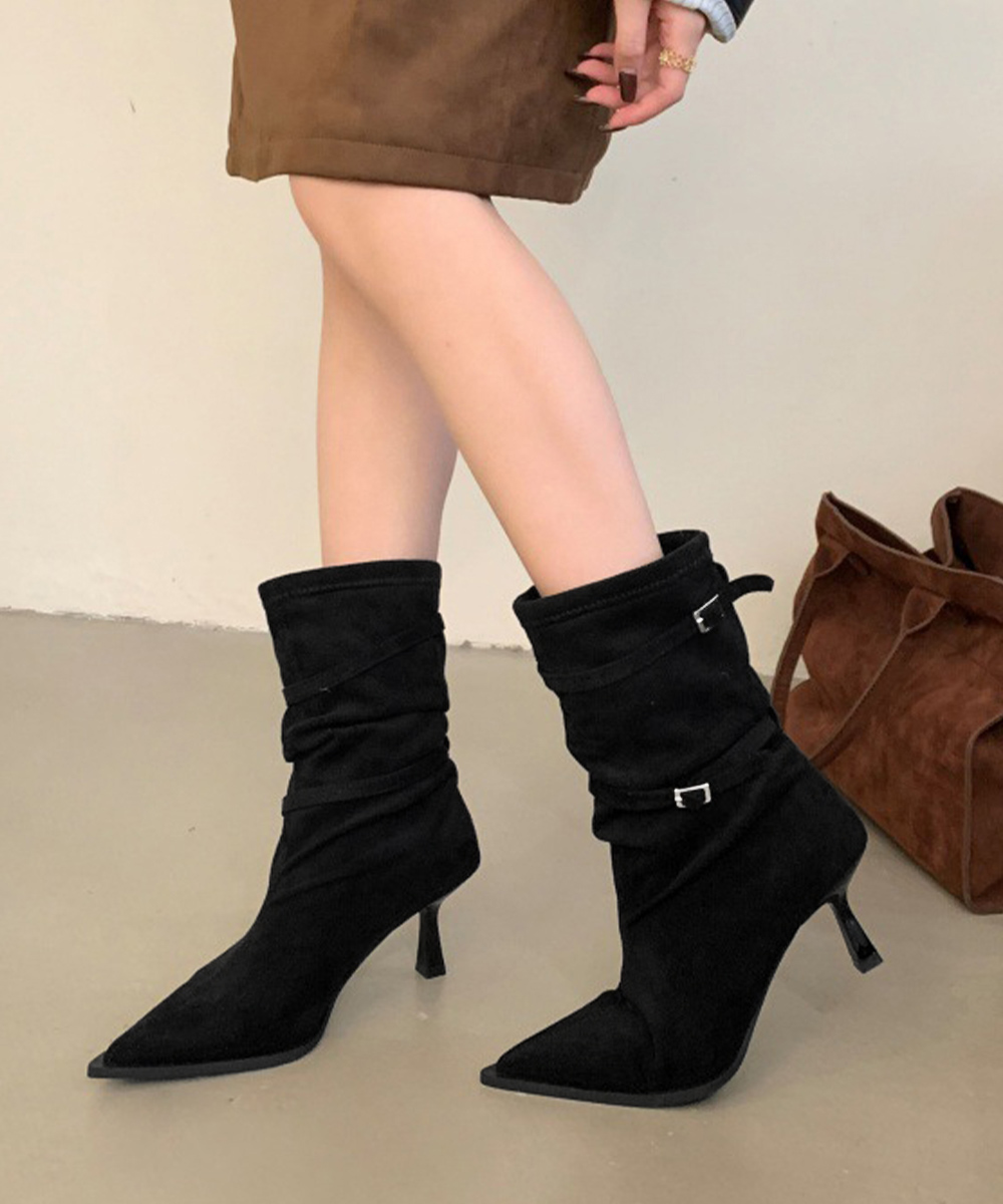 レディース 尖った爪先 中丈 スエード靴 美脚ブーツ