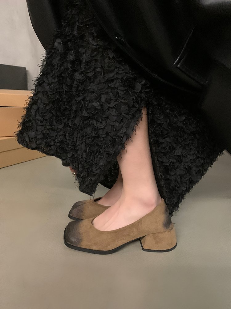 スエード靴 レディース スエード調 太め ヒール パンプス