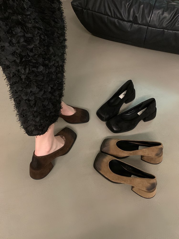 スエード靴 レディース スエード調 太め ヒール パンプス