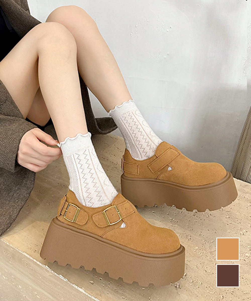 スエード靴 スエード調厚底ローファー レディース ベルト付き