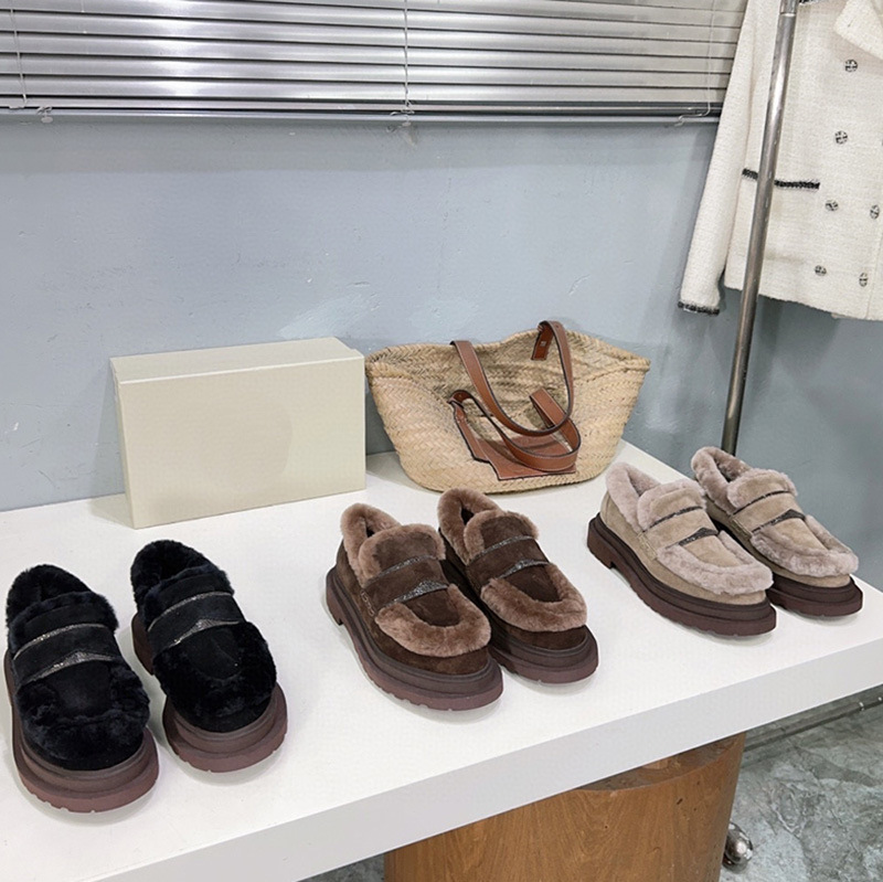 スエード靴 ファー付き厚底ローファー
