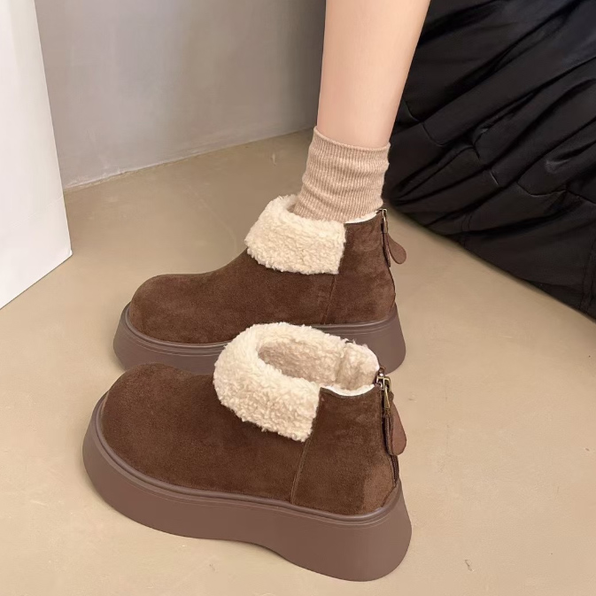スエード靴 レディース厚底スエード調もこもこショートブーツ秋冬