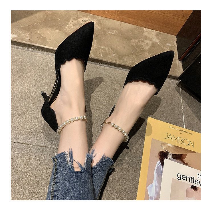 パール飾り尖頭パンプス スエード調細踵レディース靴