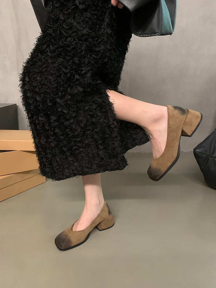 スエード靴 レディース スエード調 太め ヒール パンプス